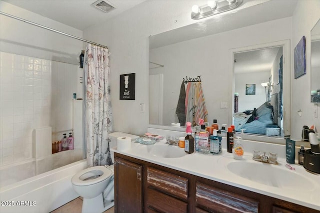 full bath with double vanity, visible vents, a sink, toilet, and shower / bathtub combination with curtain