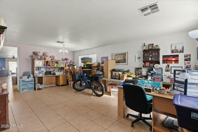 office featuring light tile patterned floors and ceiling fan with notable chandelier