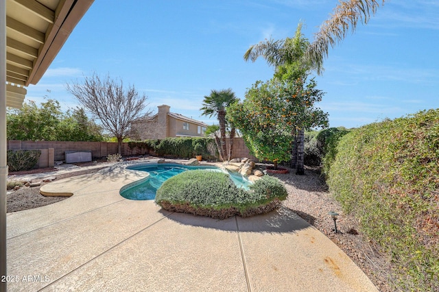 view of swimming pool with a patio, a fenced backyard, and a fenced in pool