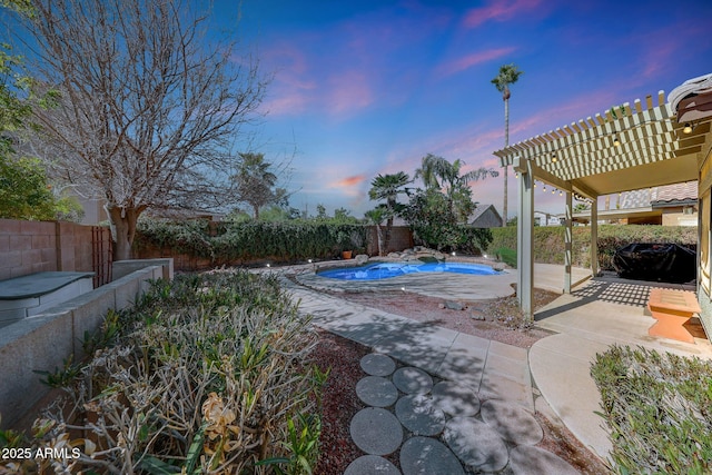 view of pool featuring a patio, a fenced backyard, a fenced in pool, and a pergola