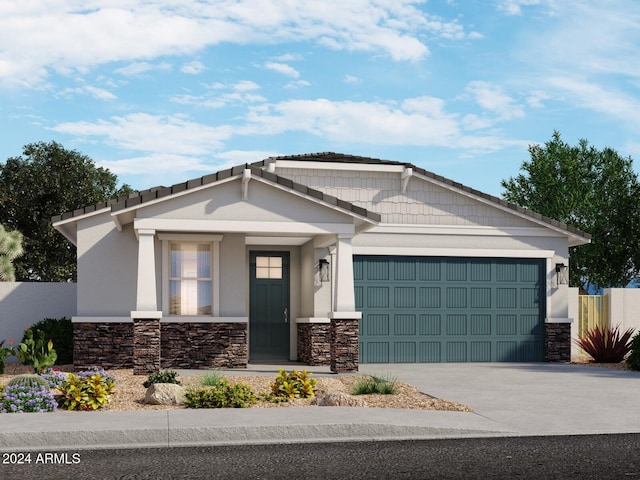 craftsman house with an attached garage, stone siding, concrete driveway, and stucco siding