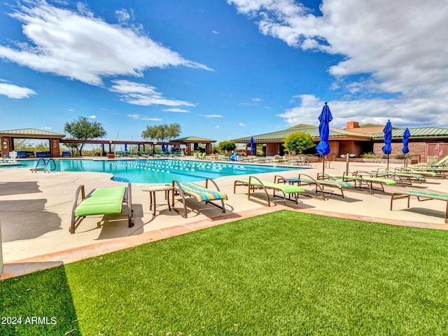 view of pool featuring a patio area and a yard