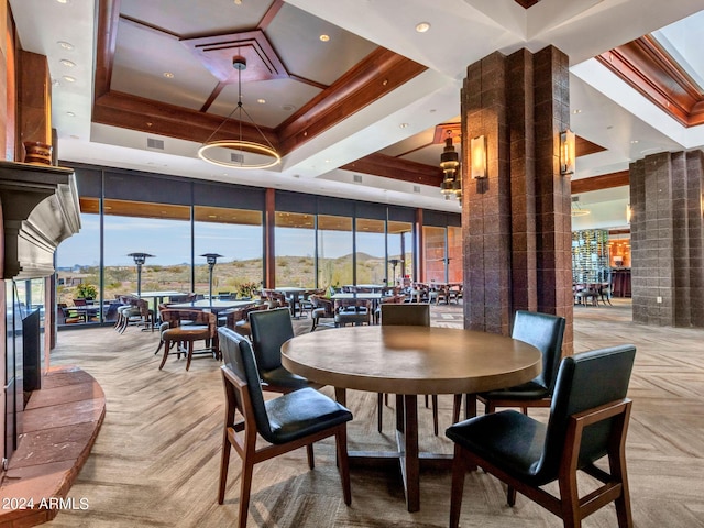 3220 W Feather Sound Dr, Anthem, AZ 85086 - dining room with a raised ceiling, a high ceiling, visible vents, and recessed lighting