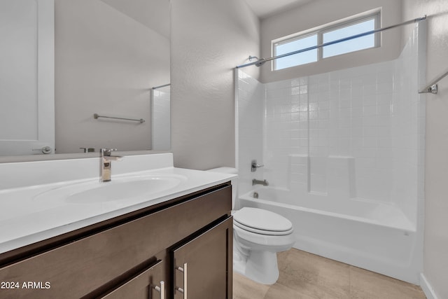 full bathroom featuring vanity, bathtub / shower combination, and toilet