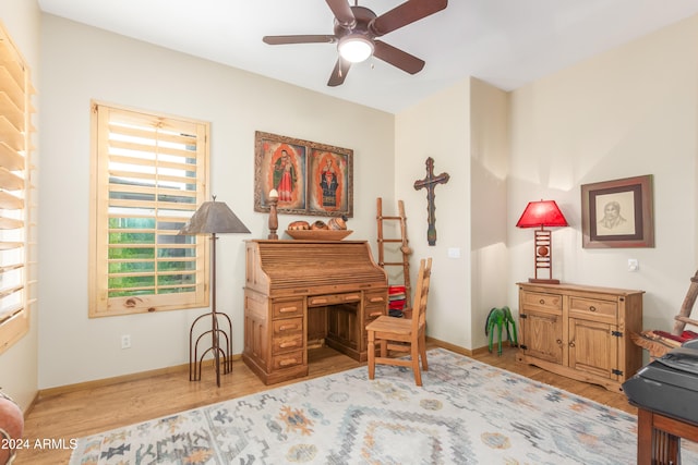 living area with ceiling fan and light hardwood / wood-style flooring