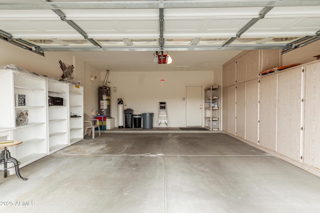 garage with secured water heater and a garage door opener