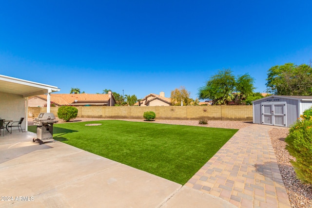 view of yard with a patio and a storage unit