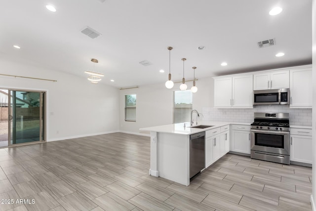 kitchen featuring stainless steel appliances, a sink, a peninsula, and tasteful backsplash