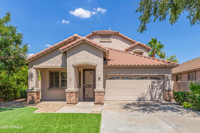 6847 S 27th Pl, Phoenix, AZ 85042 - mediterranean / spanish house featuring a garage, concrete driveway, a front lawn, and stucco siding