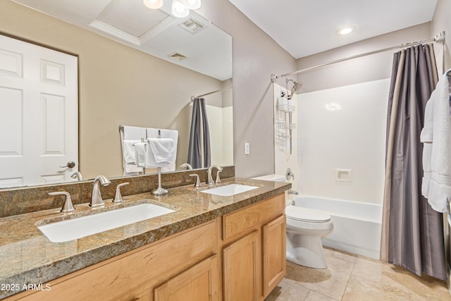 6847 S 27th Pl, Phoenix, AZ 85042 - bathroom with shower / tub combo, toilet, double vanity, and tile patterned flooring