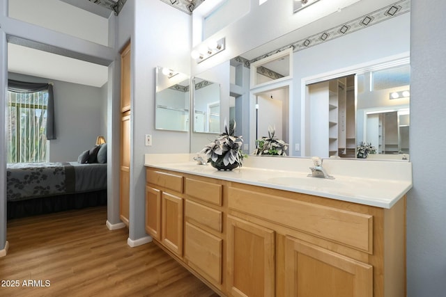 bathroom featuring double vanity, wood finished floors, ensuite bath, and a sink