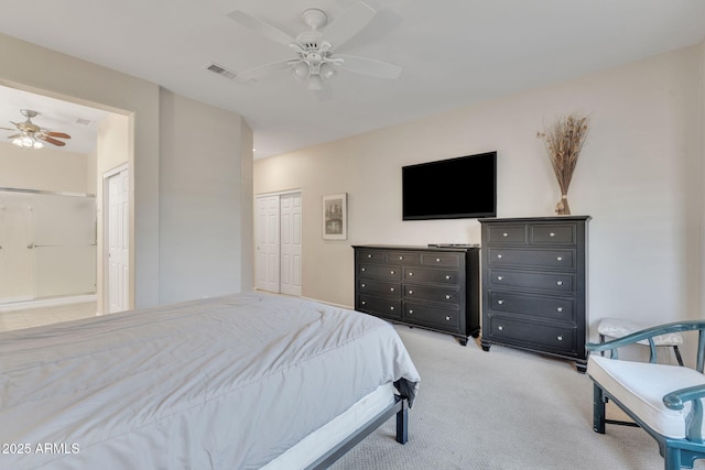 bedroom with light carpet, ceiling fan, visible vents, and a closet