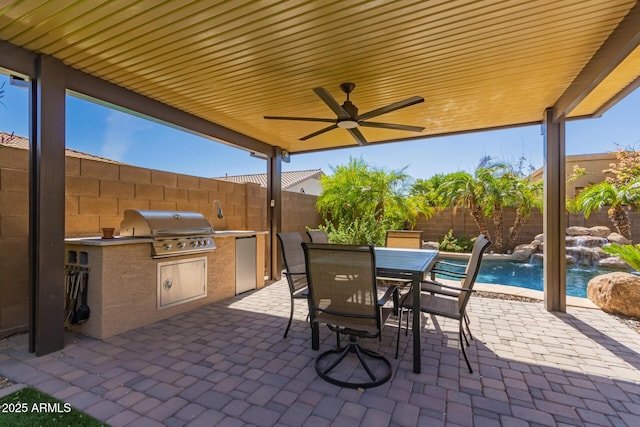 1453 E Elgin Pl, Chandler, AZ 85225 - view of patio / terrace with exterior kitchen, area for grilling, a fenced backyard, a ceiling fan, and outdoor dining area
