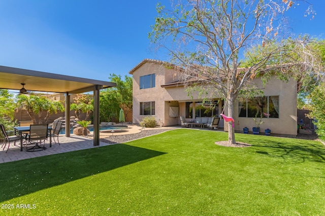 1453 E Elgin Pl, Chandler, AZ 85225 - rear view of house with stucco siding, a patio, a ceiling fan, and an outdoor pool