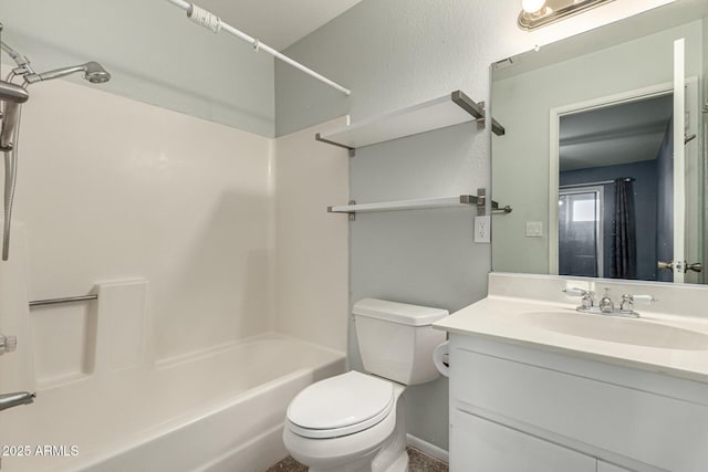 bathroom with  shower combination, vanity, toilet, and baseboards