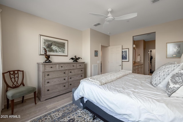 bedroom featuring ceiling fan, connected bathroom, and light hardwood / wood-style floors