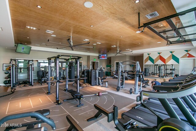 exercise room with ceiling fan and wooden ceiling