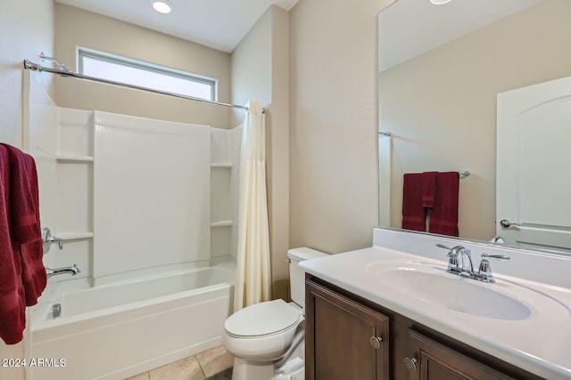 full bathroom featuring tile patterned flooring, vanity, shower / tub combo with curtain, and toilet