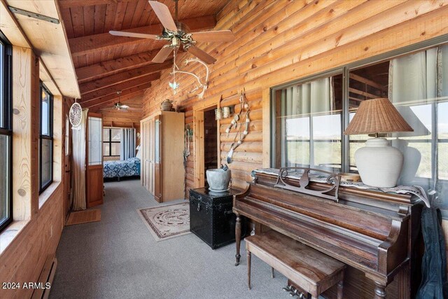 miscellaneous room with wooden ceiling, plenty of natural light, rustic walls, and carpet flooring