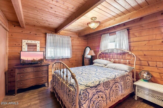 bedroom featuring wood walls, beam ceiling, wooden ceiling, and hardwood / wood-style floors