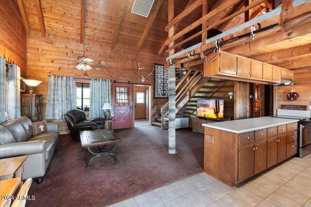 kitchen with wood walls, range with electric stovetop, and wood ceiling