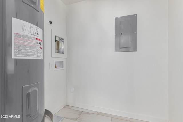 laundry room with water heater, light tile patterned flooring, washer hookup, and electric panel