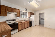 kitchen featuring brown cabinetry, dishwashing machine, freestanding refrigerator, range with electric stovetop, and exhaust hood