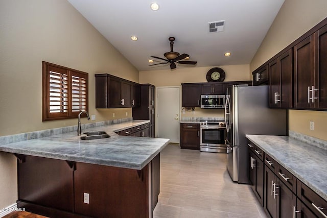 16446 N 59th St, Scottsdale, AZ 85254 - kitchen featuring visible vents, a sink, stainless steel appliances, dark brown cabinets, and ceiling fan