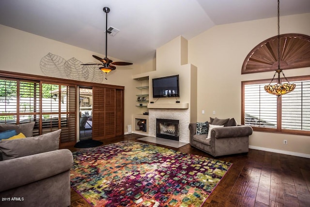 16446 N 59th St, Scottsdale, AZ 85254 - living area with a ceiling fan, visible vents, high vaulted ceiling, a fireplace with flush hearth, and hardwood / wood-style flooring