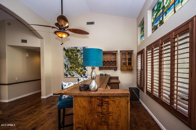 16446 N 59th St, Scottsdale, AZ 85254 - kitchen with visible vents, dark wood-type flooring, a ceiling fan, baseboards, and lofted ceiling