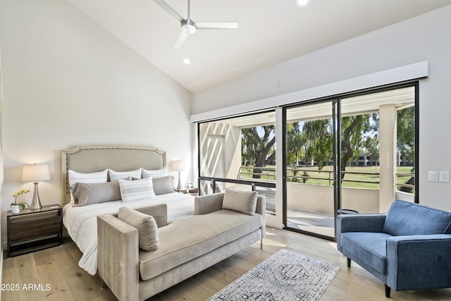 bedroom with access to outside, high vaulted ceiling, ceiling fan, and light hardwood / wood-style flooring