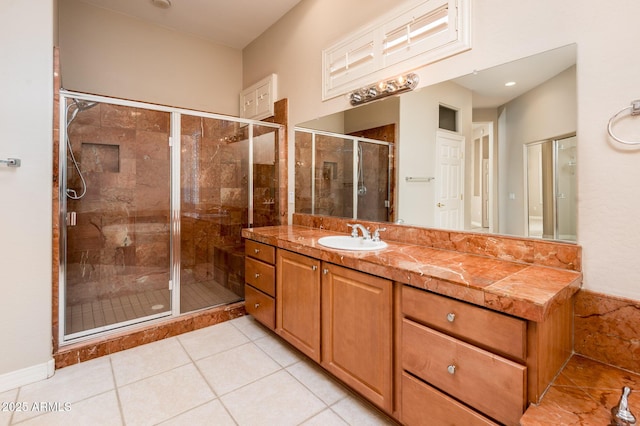 bathroom with tile patterned flooring, a shower stall, and vanity