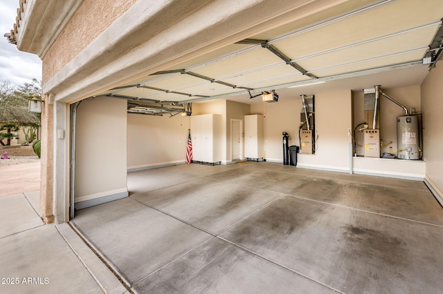 garage featuring a garage door opener, water heater, and baseboards