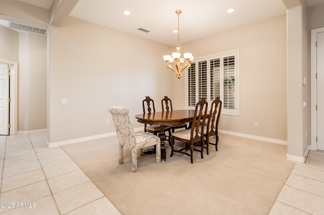 dining space with light tile patterned floors, recessed lighting, visible vents, and an inviting chandelier