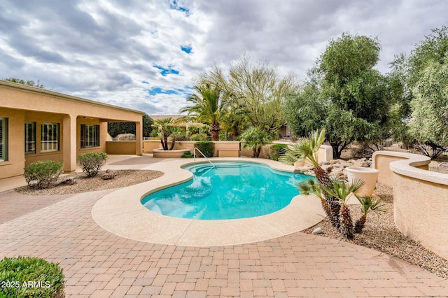 view of swimming pool featuring a fenced in pool, a patio, and fence