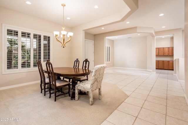 dining area with baseboards, light tile patterned floors, a notable chandelier, and recessed lighting