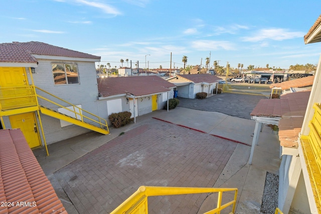 view of patio featuring a garage