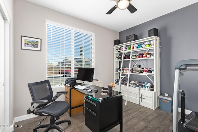 home office featuring ceiling fan and dark hardwood / wood-style floors