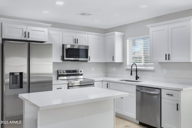 kitchen with appliances with stainless steel finishes, white cabinets, a kitchen island, and sink