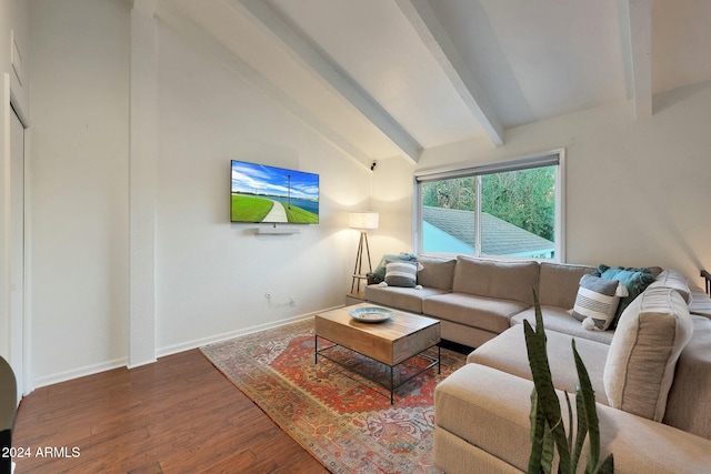 living room featuring beamed ceiling, high vaulted ceiling, and dark wood-type flooring