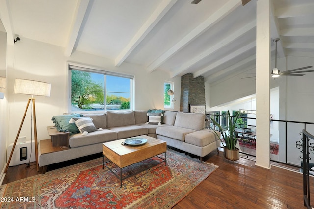 living room featuring ceiling fan, lofted ceiling with beams, and dark hardwood / wood-style floors