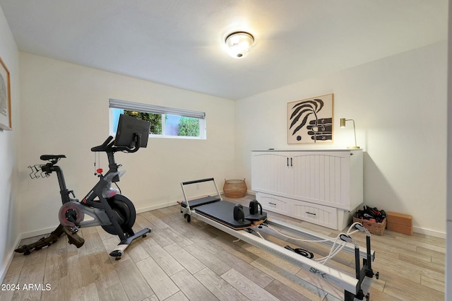 workout room featuring light hardwood / wood-style flooring