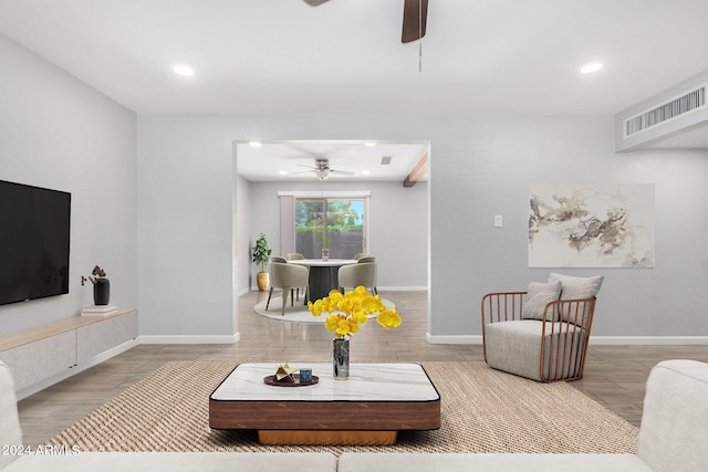 living room with ceiling fan and wood-type flooring