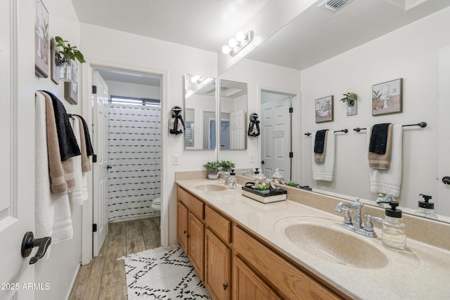 bathroom with vanity, wood-type flooring, and toilet