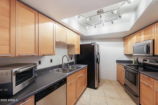 kitchen with a tray ceiling, sink, appliances with stainless steel finishes, and light tile patterned floors