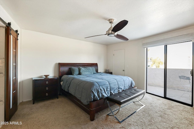 bedroom with access to outside, a barn door, ceiling fan, and light carpet