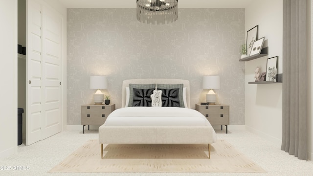 bedroom featuring wallpapered walls and baseboards