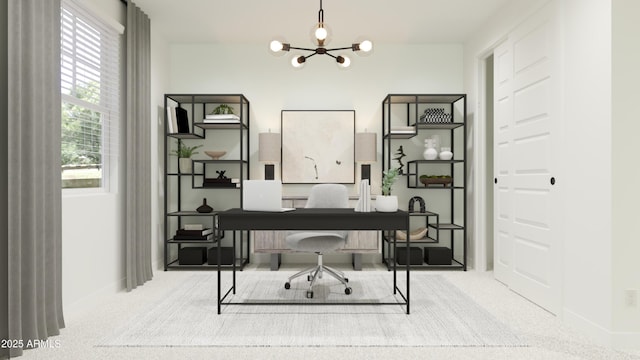 office space with an inviting chandelier, carpet flooring, and baseboards