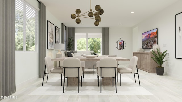 dining space with recessed lighting, an inviting chandelier, light wood-style floors, and baseboards