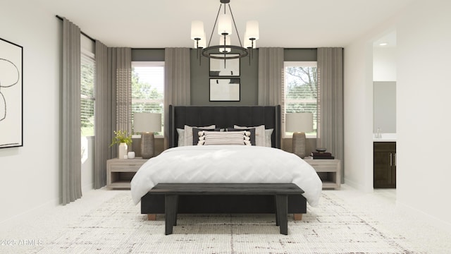 bedroom featuring light carpet, a chandelier, multiple windows, and baseboards